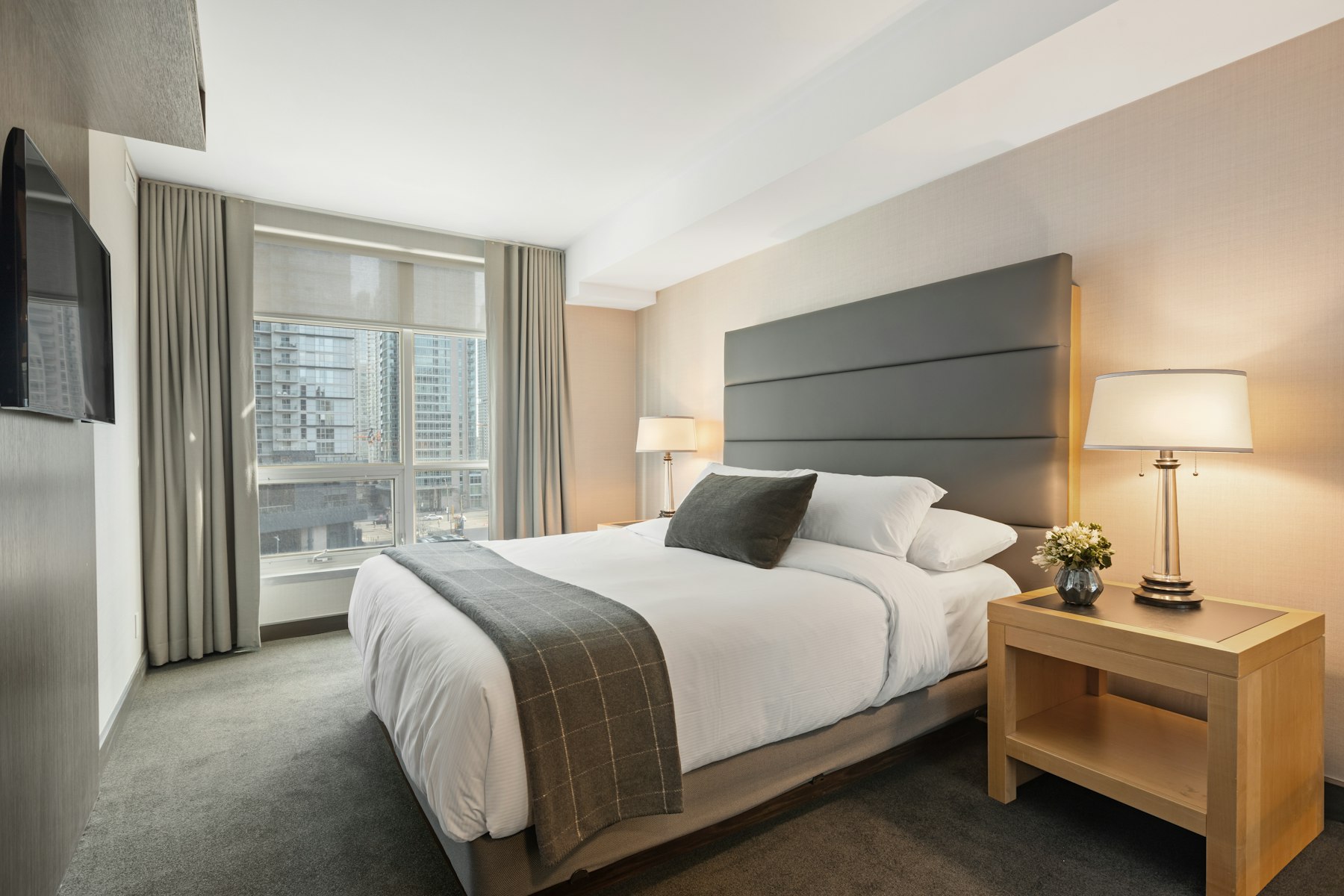 Crisp white hotel bedding